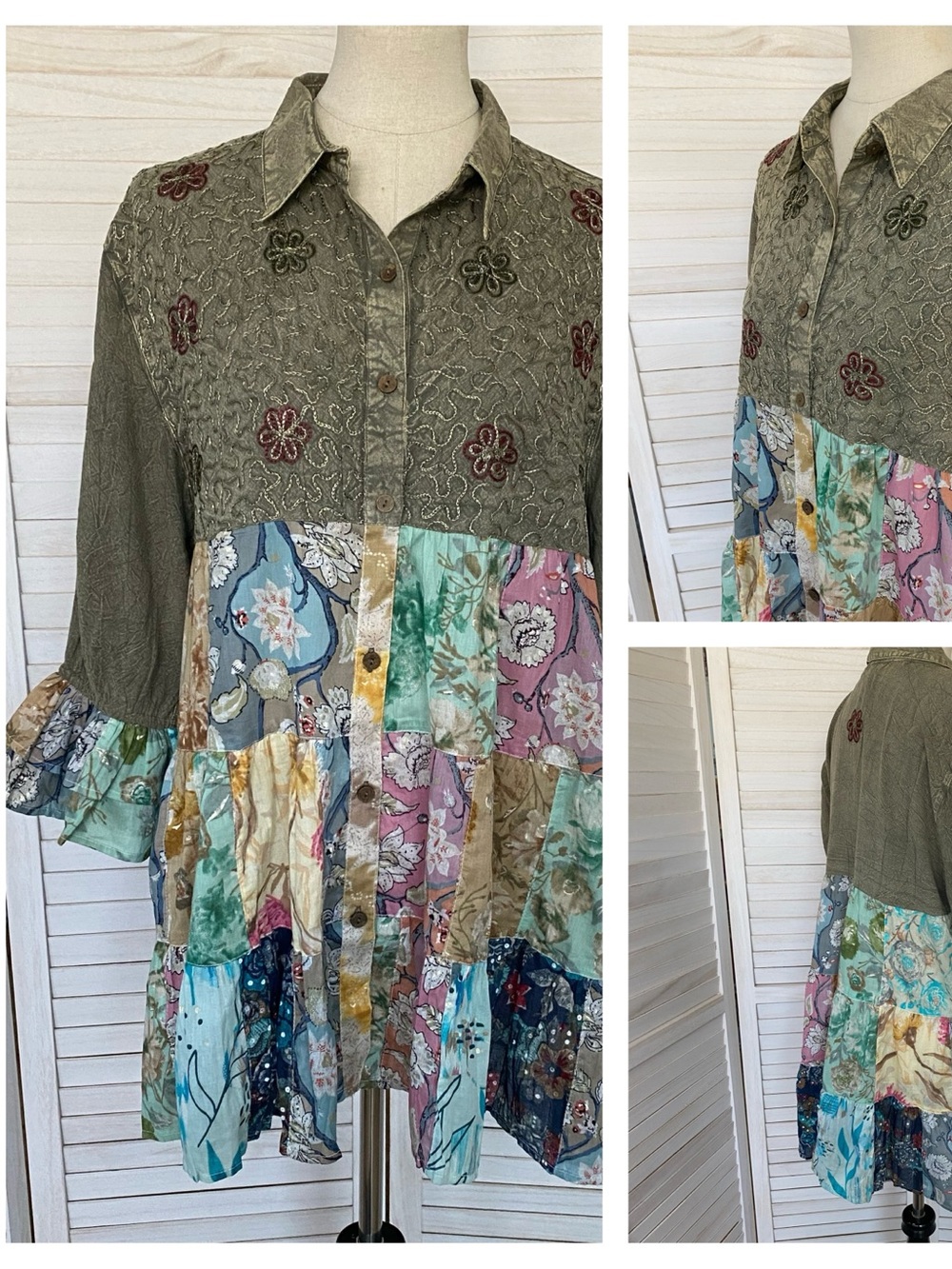 Young Threads Boho Patchwork Babydoll Button-Front Embroidered Top  SZ L NWT